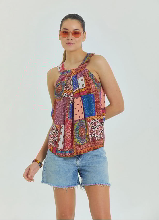 Halter Neck Button Detail Pleated Blue Sleeveless Blouse 4676